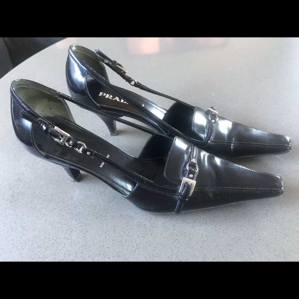 Black leather kitten heel Prada shoes